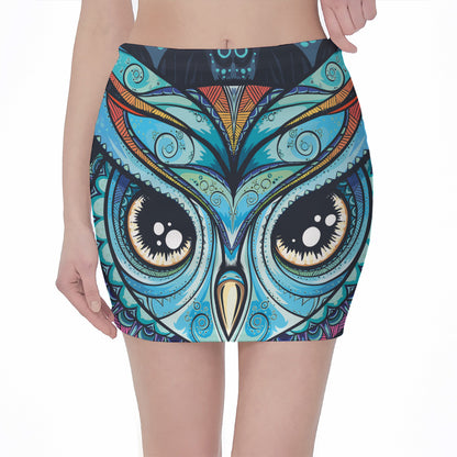 Colorful Tribal Owl Print Pencil Mini Skirt