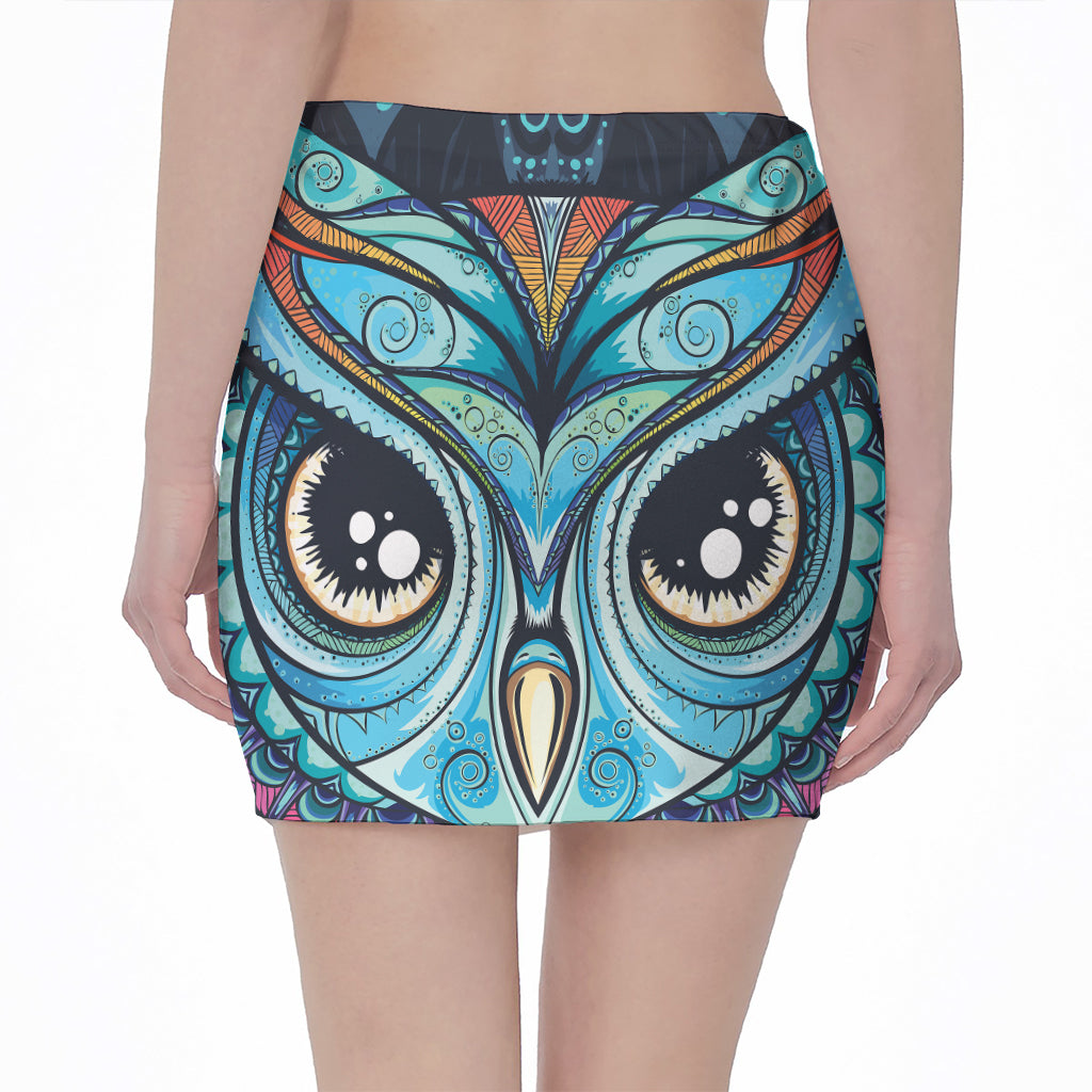 Colorful Tribal Owl Print Pencil Mini Skirt