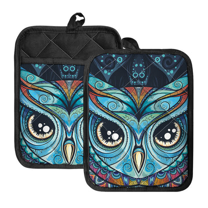 Colorful Tribal Owl Print Pot Holders With Pocket