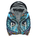 Colorful Tribal Owl Print Sherpa Lined Zip Up Hoodie