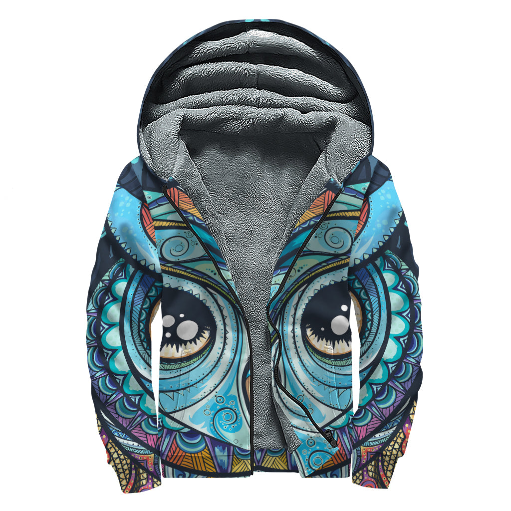 Colorful Tribal Owl Print Sherpa Lined Zip Up Hoodie