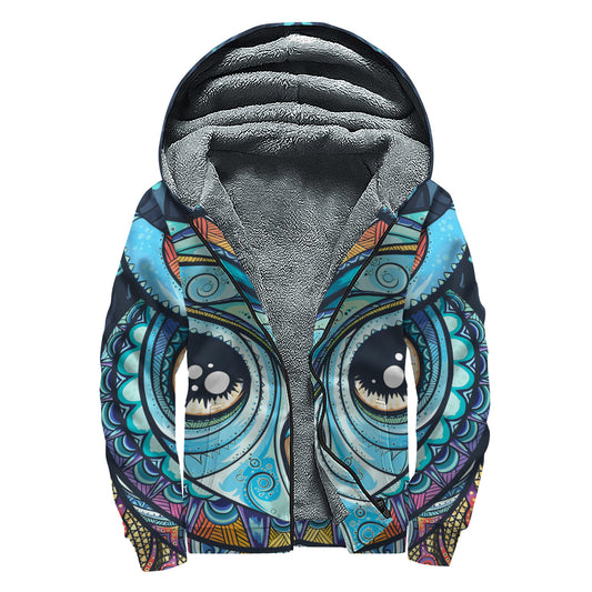 Colorful Tribal Owl Print Sherpa Lined Zip Up Hoodie