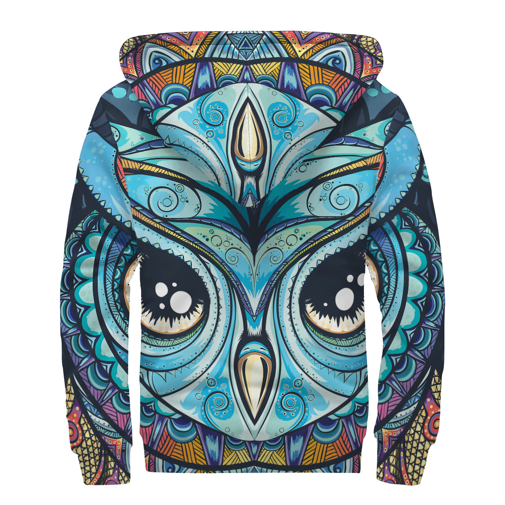 Colorful Tribal Owl Print Sherpa Lined Zip Up Hoodie