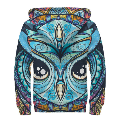 Colorful Tribal Owl Print Sherpa Lined Zip Up Hoodie