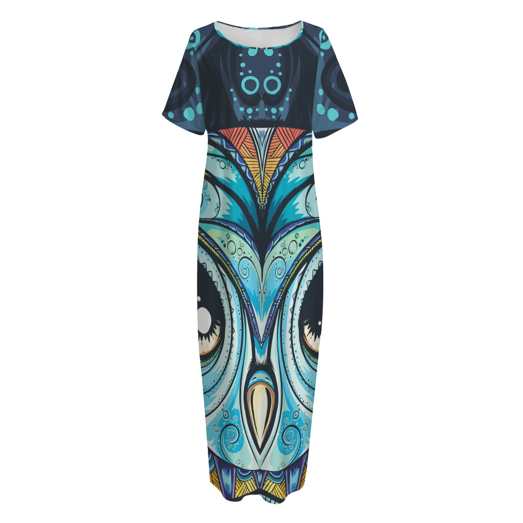 Colorful Tribal Owl Print Short Sleeve Long Nightdress
