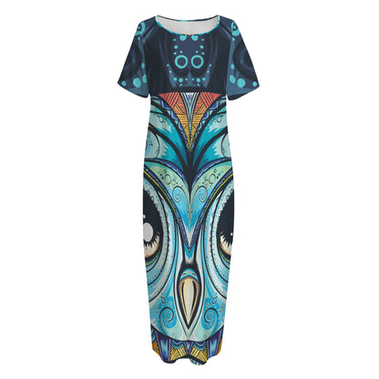 Colorful Tribal Owl Print Short Sleeve Long Nightdress