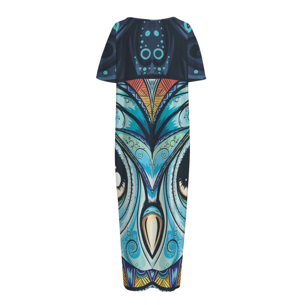 Colorful Tribal Owl Print Short Sleeve Long Nightdress