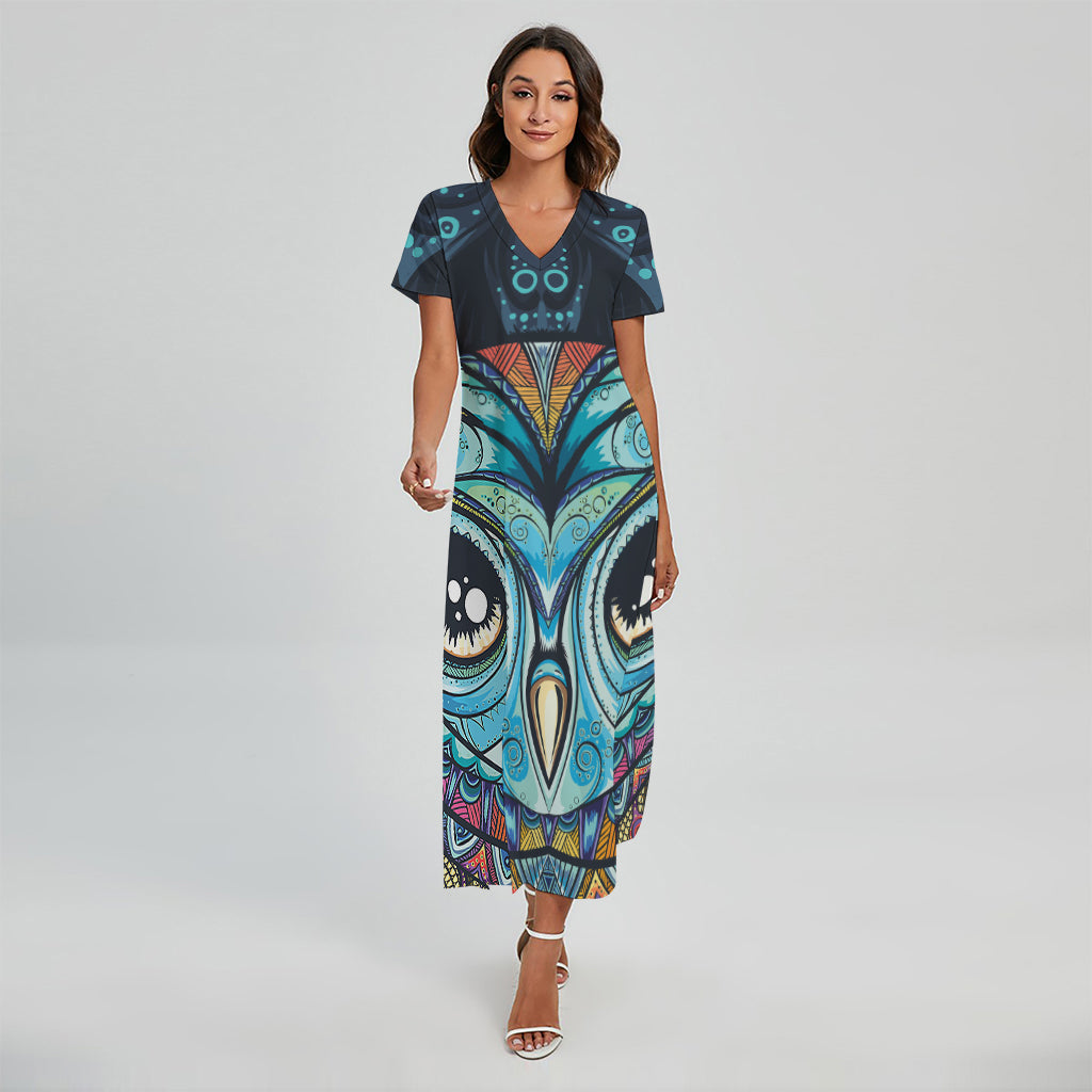 Colorful Tribal Owl Print Short Sleeve Maxi Dress