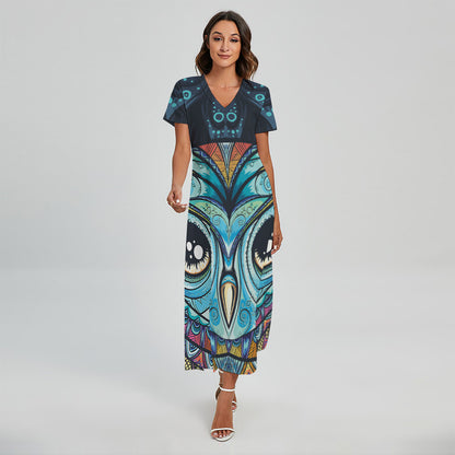 Colorful Tribal Owl Print Short Sleeve Maxi Dress