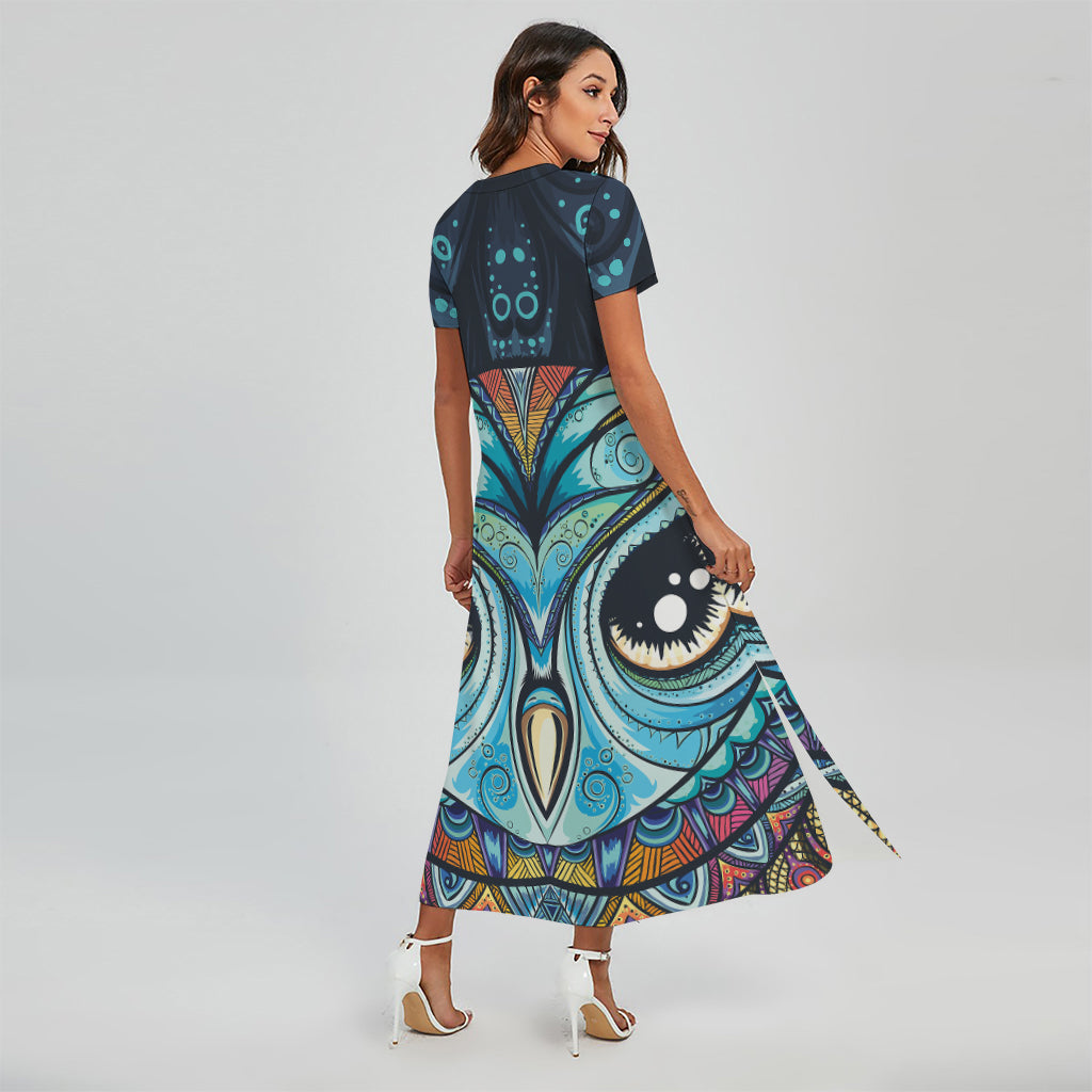 Colorful Tribal Owl Print Short Sleeve Maxi Dress
