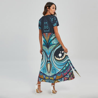 Colorful Tribal Owl Print Short Sleeve Maxi Dress