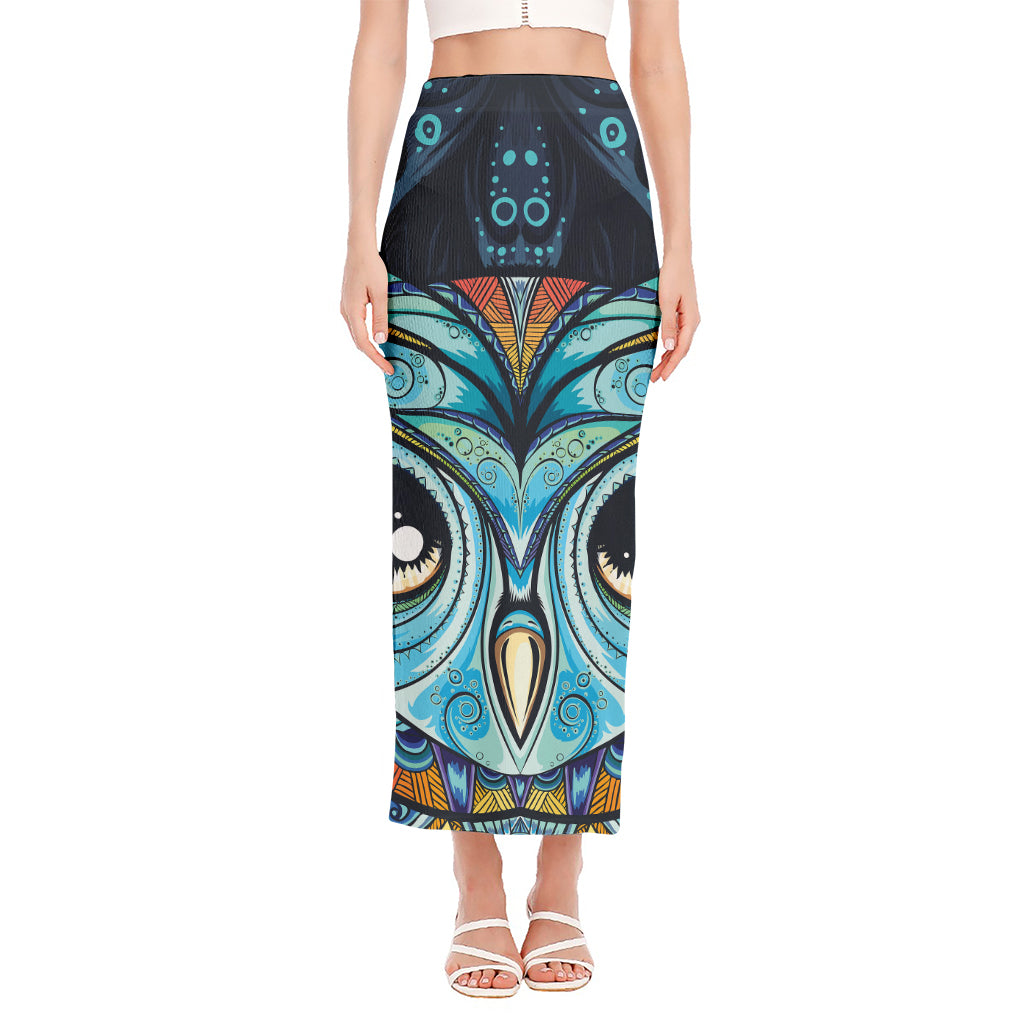Colorful Tribal Owl Print Side Slit Maxi Skirt