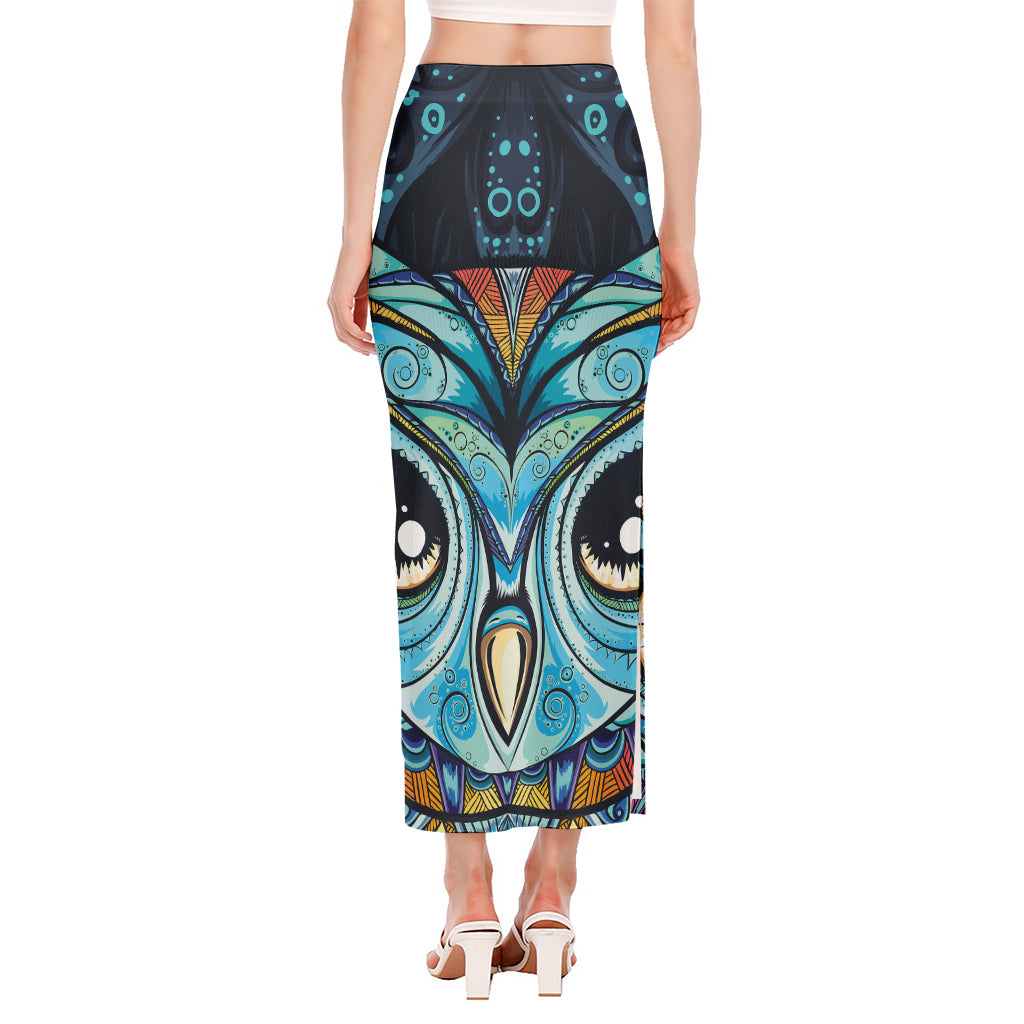 Colorful Tribal Owl Print Side Slit Maxi Skirt