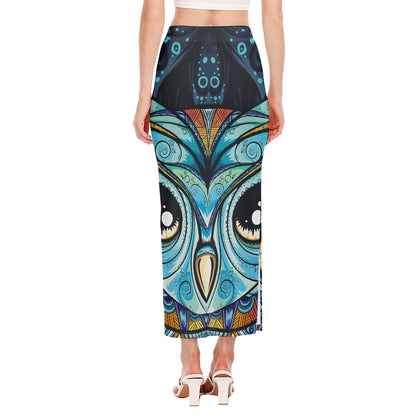 Colorful Tribal Owl Print Side Slit Maxi Skirt