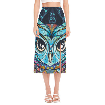 Colorful Tribal Owl Print Side Slit Midi Skirt