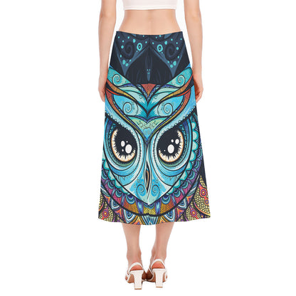 Colorful Tribal Owl Print Side Slit Midi Skirt
