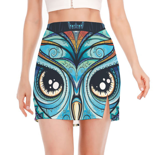 Colorful Tribal Owl Print Side Slit Mini Skirt