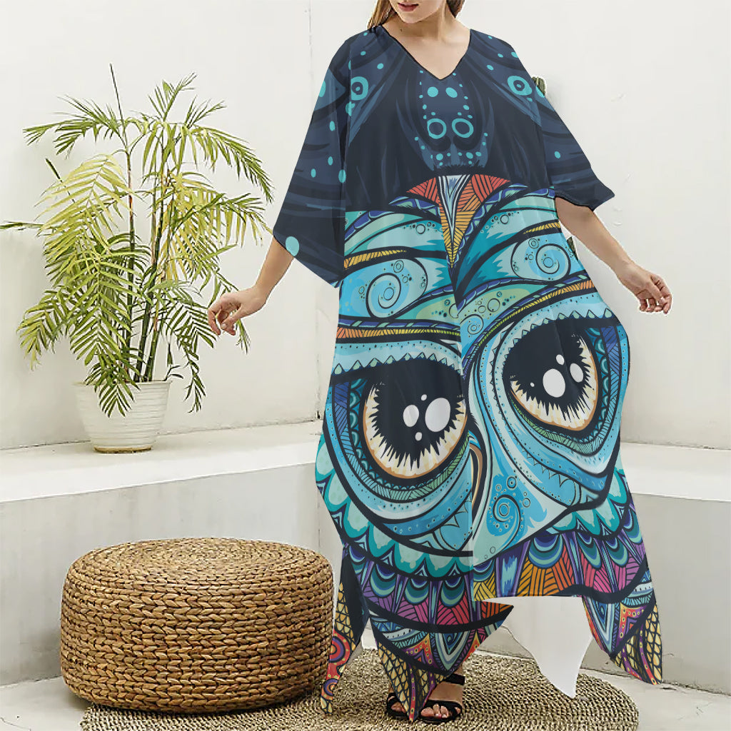 Colorful Tribal Owl Print Silk V-Neck Kaftan Dress