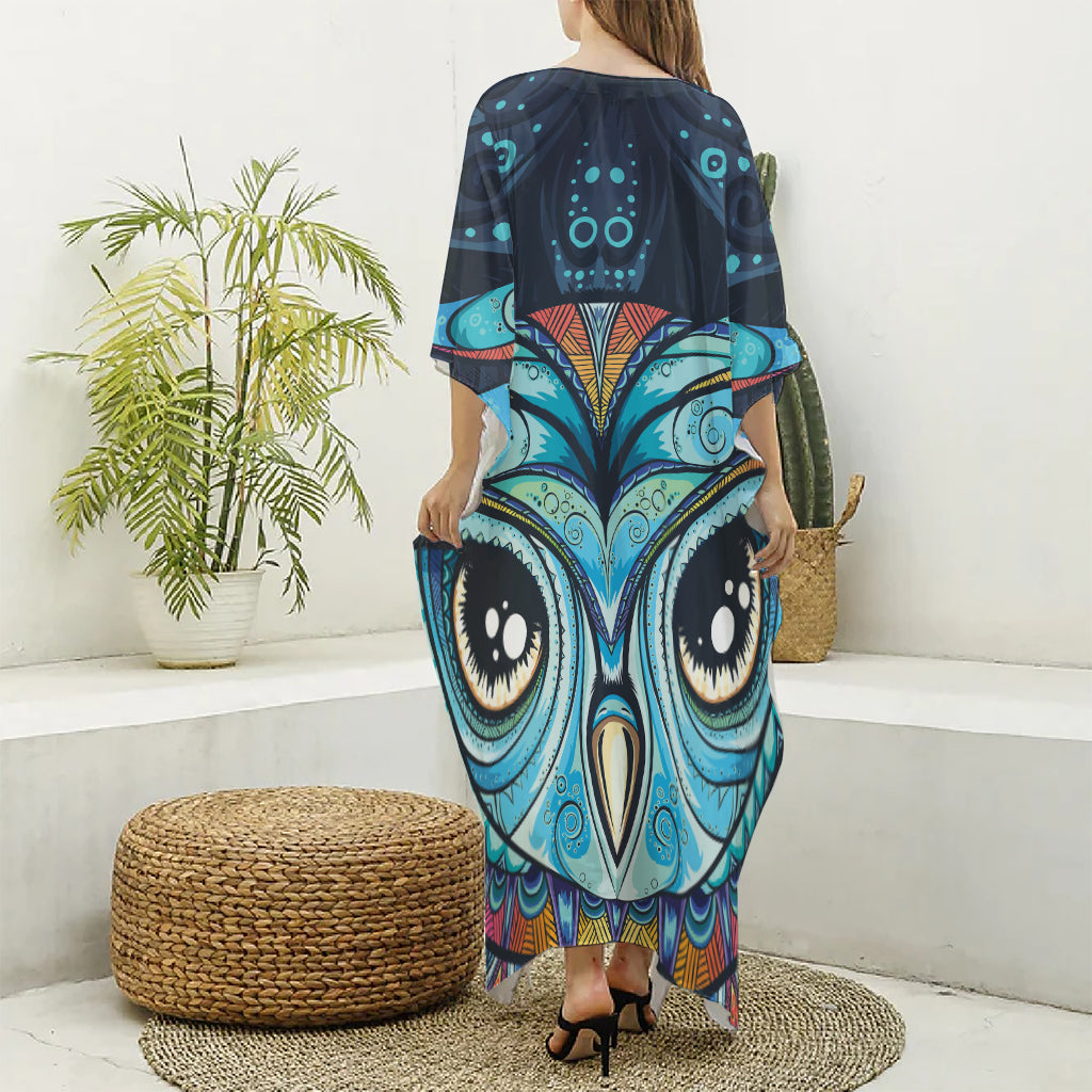 Colorful Tribal Owl Print Silk V-Neck Kaftan Dress