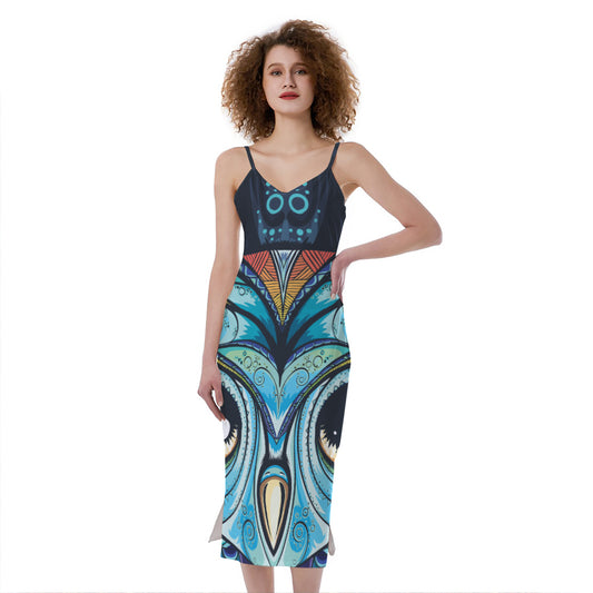Colorful Tribal Owl Print Slim Fit Midi Cami Dress