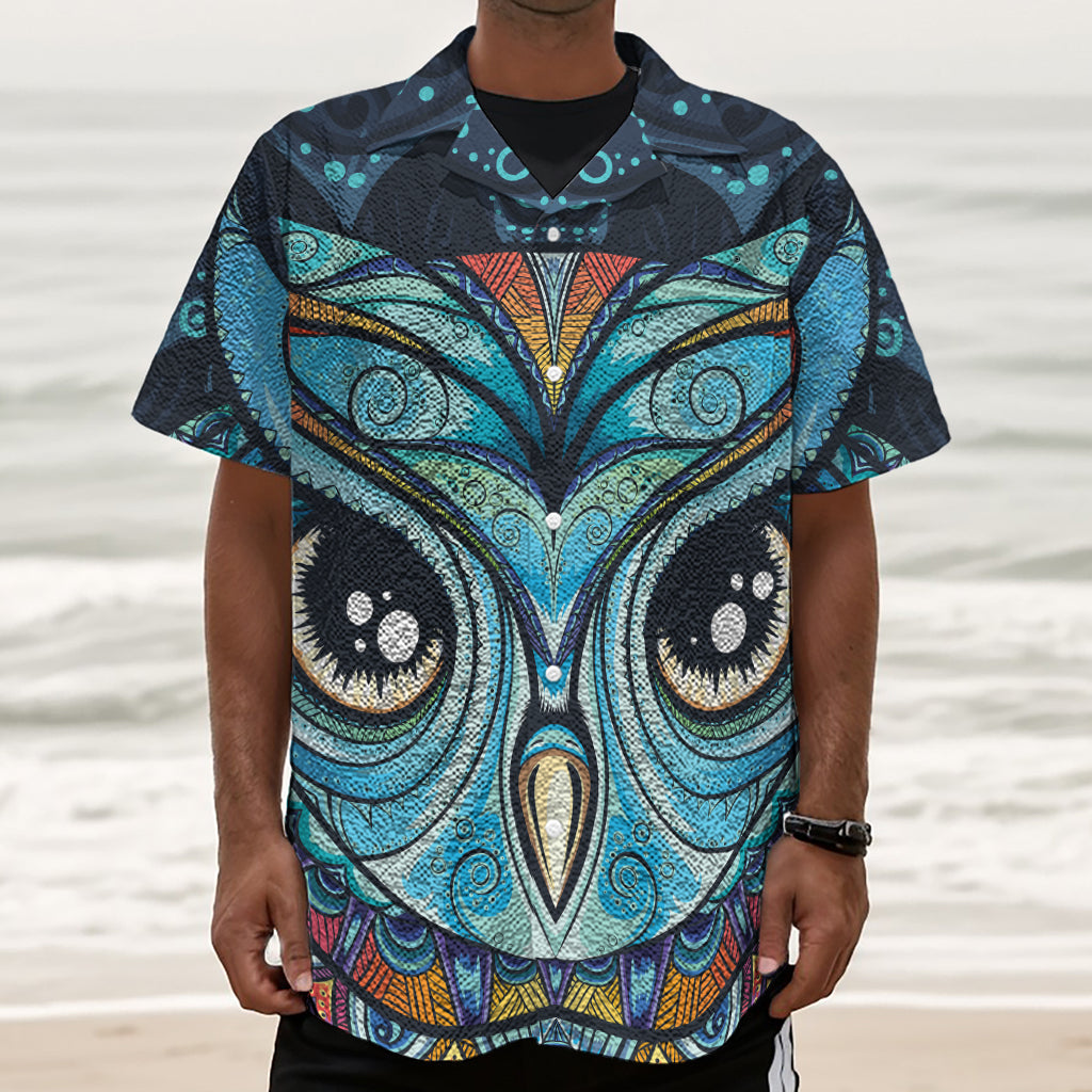 Colorful Tribal Owl Print Textured Short Sleeve Shirt