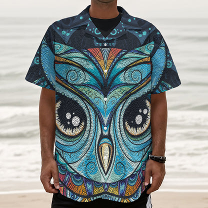 Colorful Tribal Owl Print Textured Short Sleeve Shirt