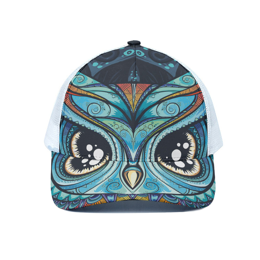Colorful Tribal Owl Print White Mesh Trucker Cap