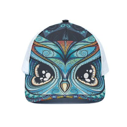 Colorful Tribal Owl Print White Mesh Trucker Cap
