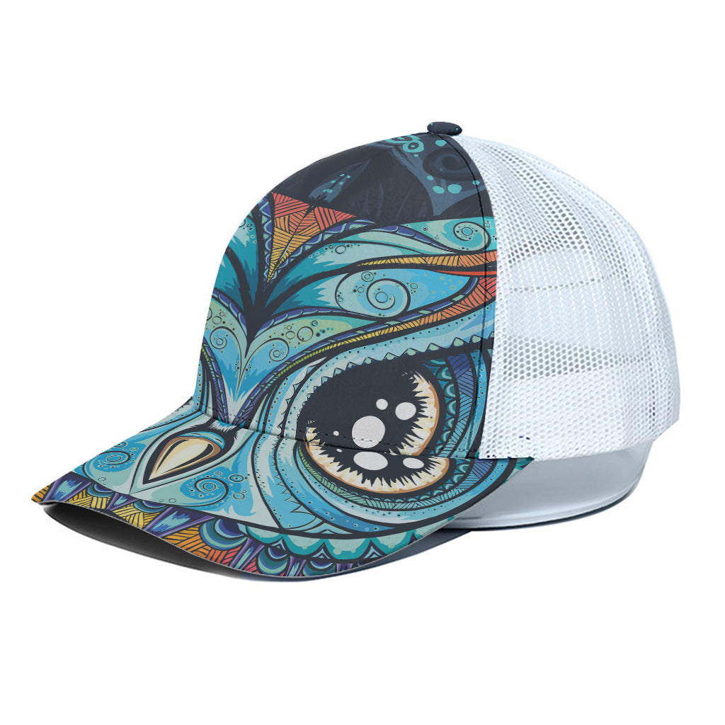 Colorful Tribal Owl Print White Mesh Trucker Cap