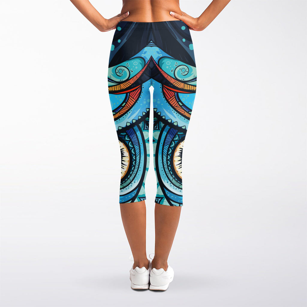 Colorful Tribal Owl Print Women's Capri Leggings