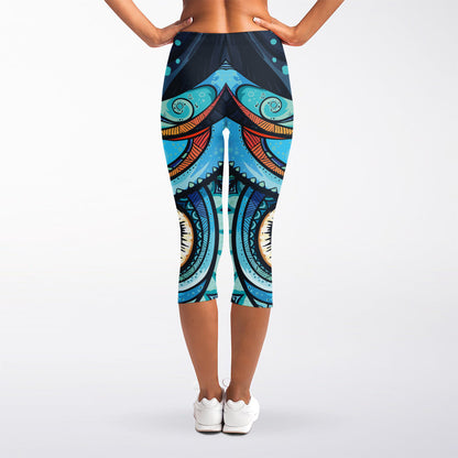 Colorful Tribal Owl Print Women's Capri Leggings