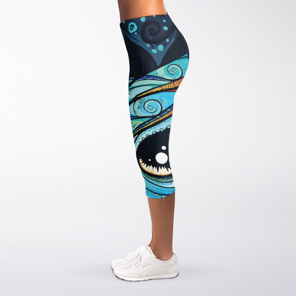 Colorful Tribal Owl Print Women's Capri Leggings