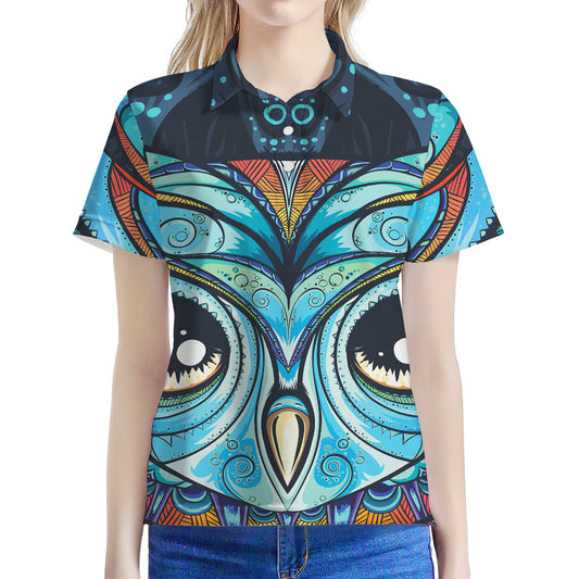 Colorful Tribal Owl Print Women's Polo Shirt