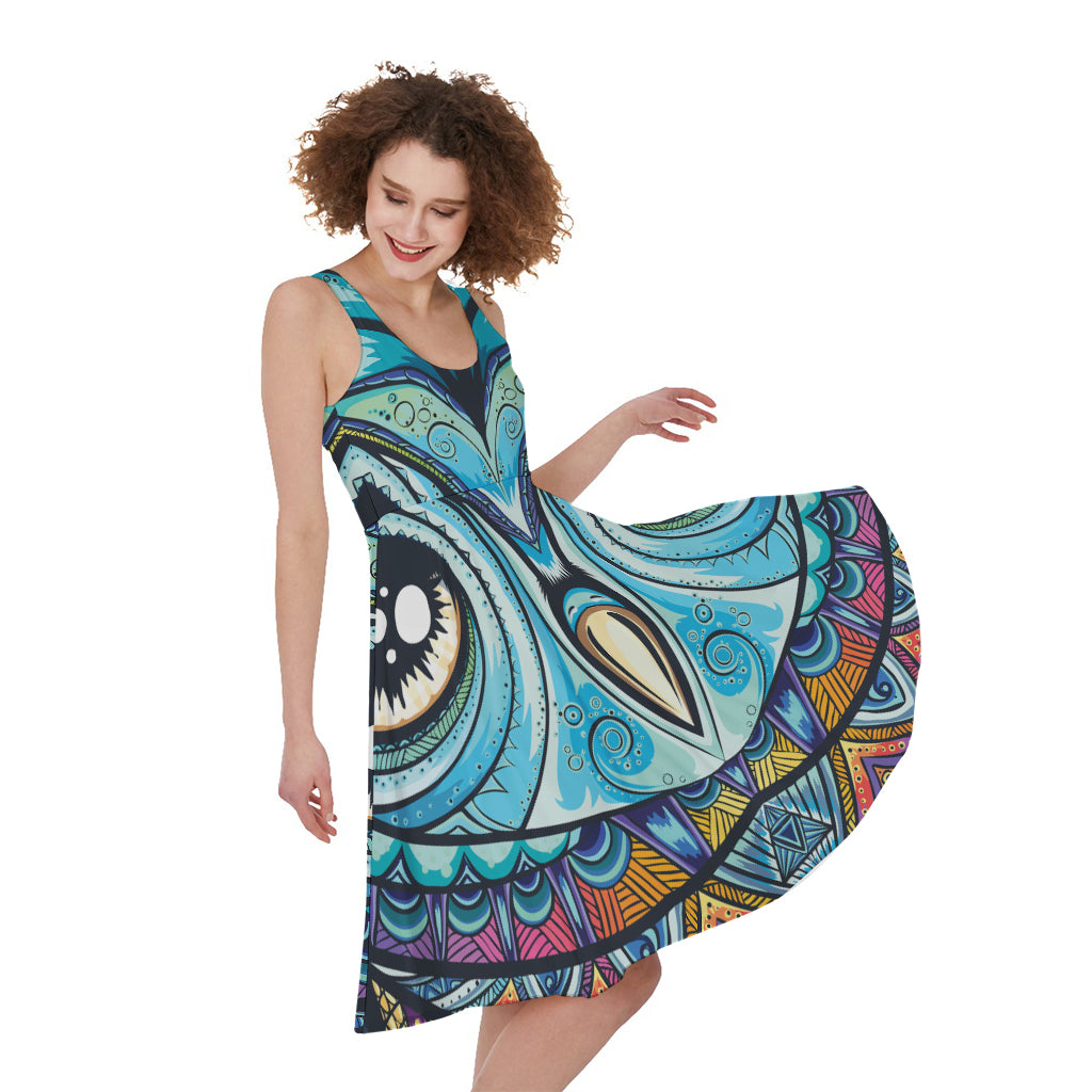 Colorful Tribal Owl Print Women's Sleeveless Dress