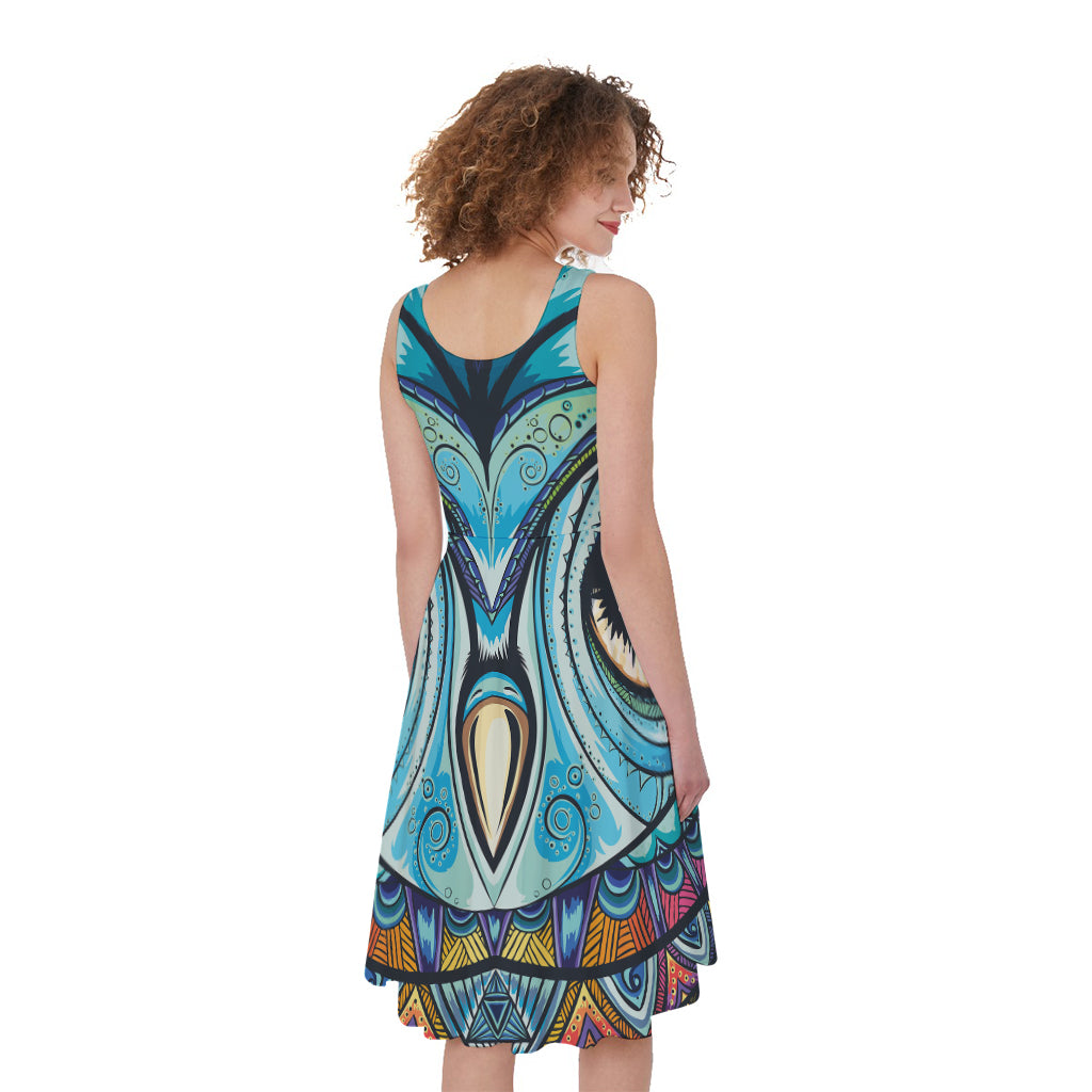 Colorful Tribal Owl Print Women's Sleeveless Dress