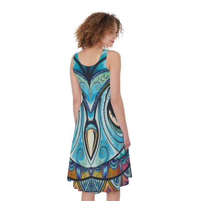 Colorful Tribal Owl Print Women's Sleeveless Dress