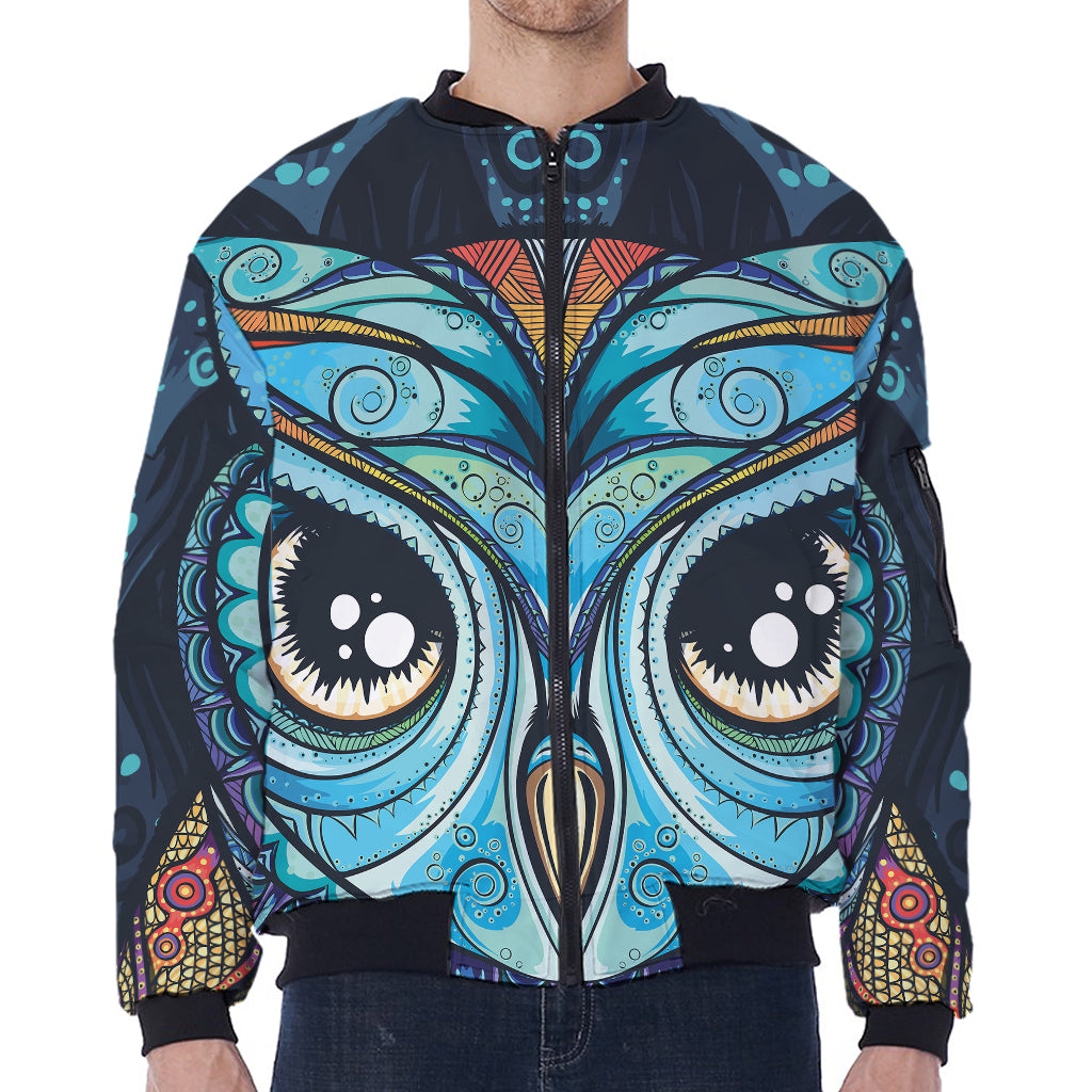 Colorful Tribal Owl Print Zip Sleeve Bomber Jacket