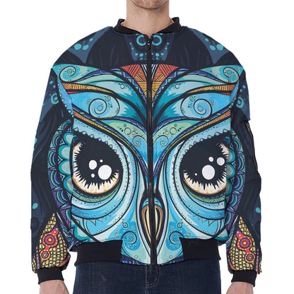 Colorful Tribal Owl Print Zip Sleeve Bomber Jacket