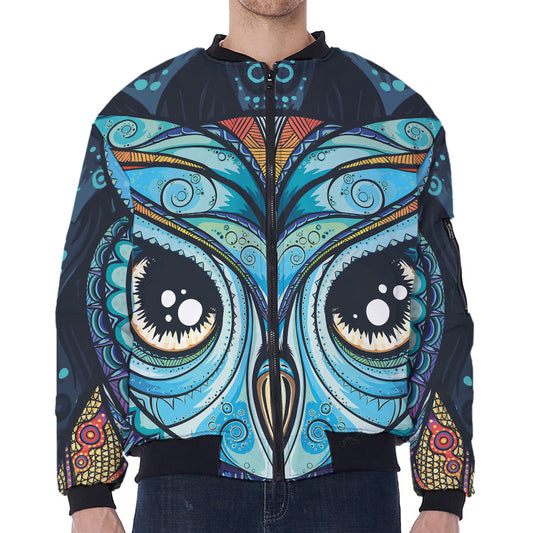 Colorful Tribal Owl Print Zip Sleeve Bomber Jacket
