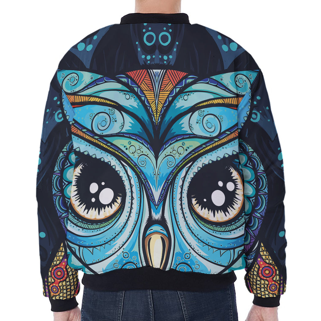 Colorful Tribal Owl Print Zip Sleeve Bomber Jacket
