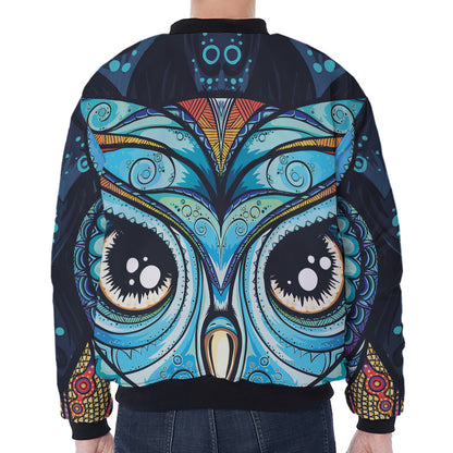 Colorful Tribal Owl Print Zip Sleeve Bomber Jacket