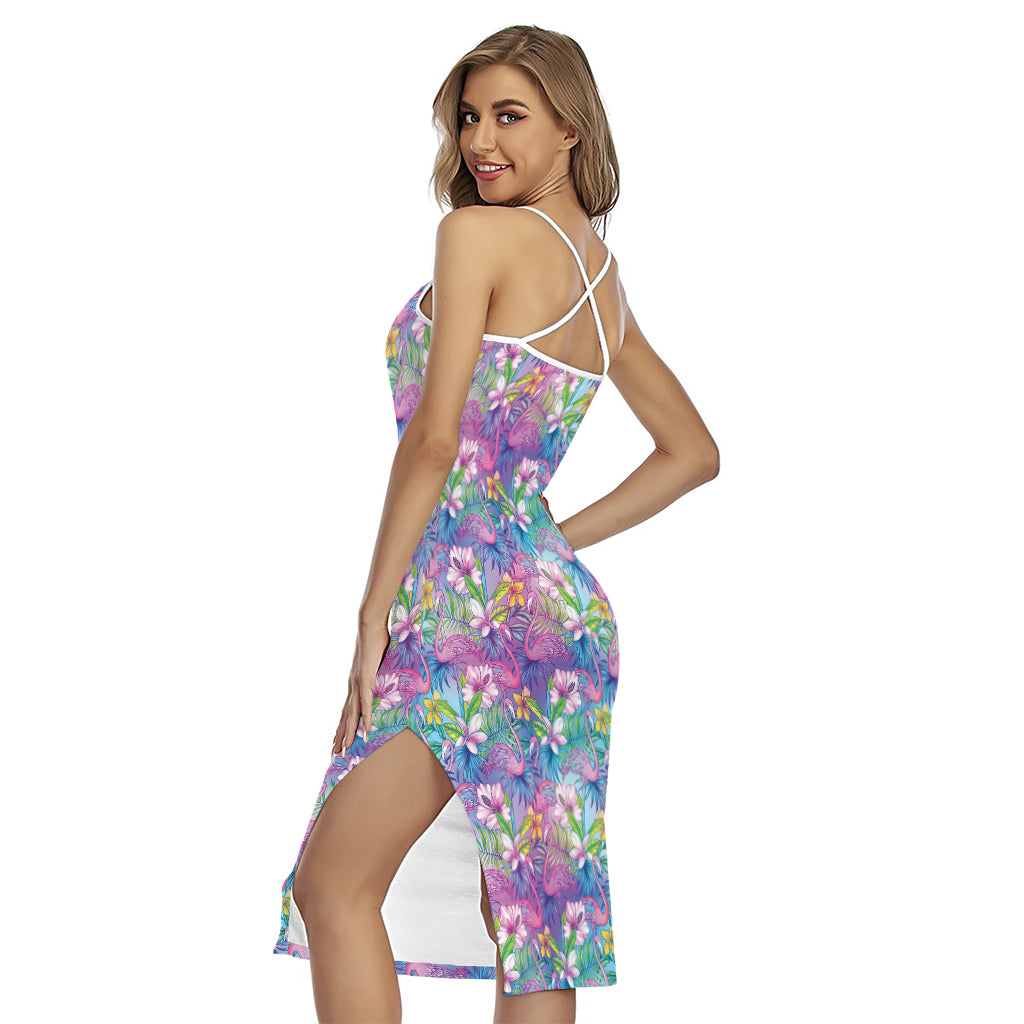 Colorful Tropical Flamingo Print Cross Back Cami Dress