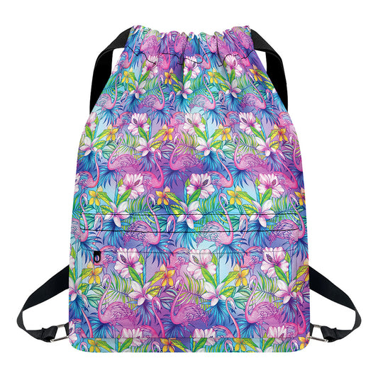 Colorful Tropical Flamingo Print Drawstring Backpack