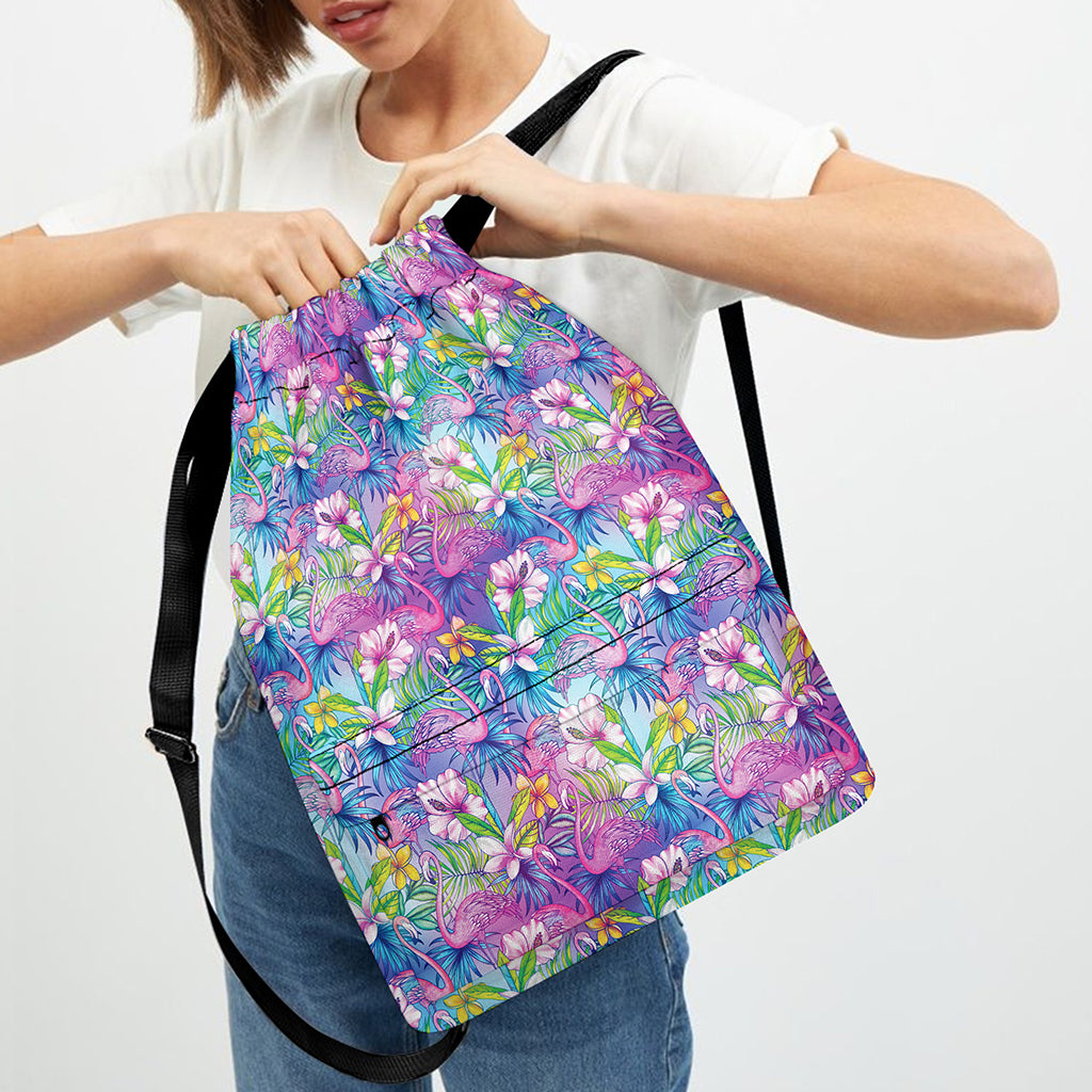 Colorful Tropical Flamingo Print Drawstring Backpack