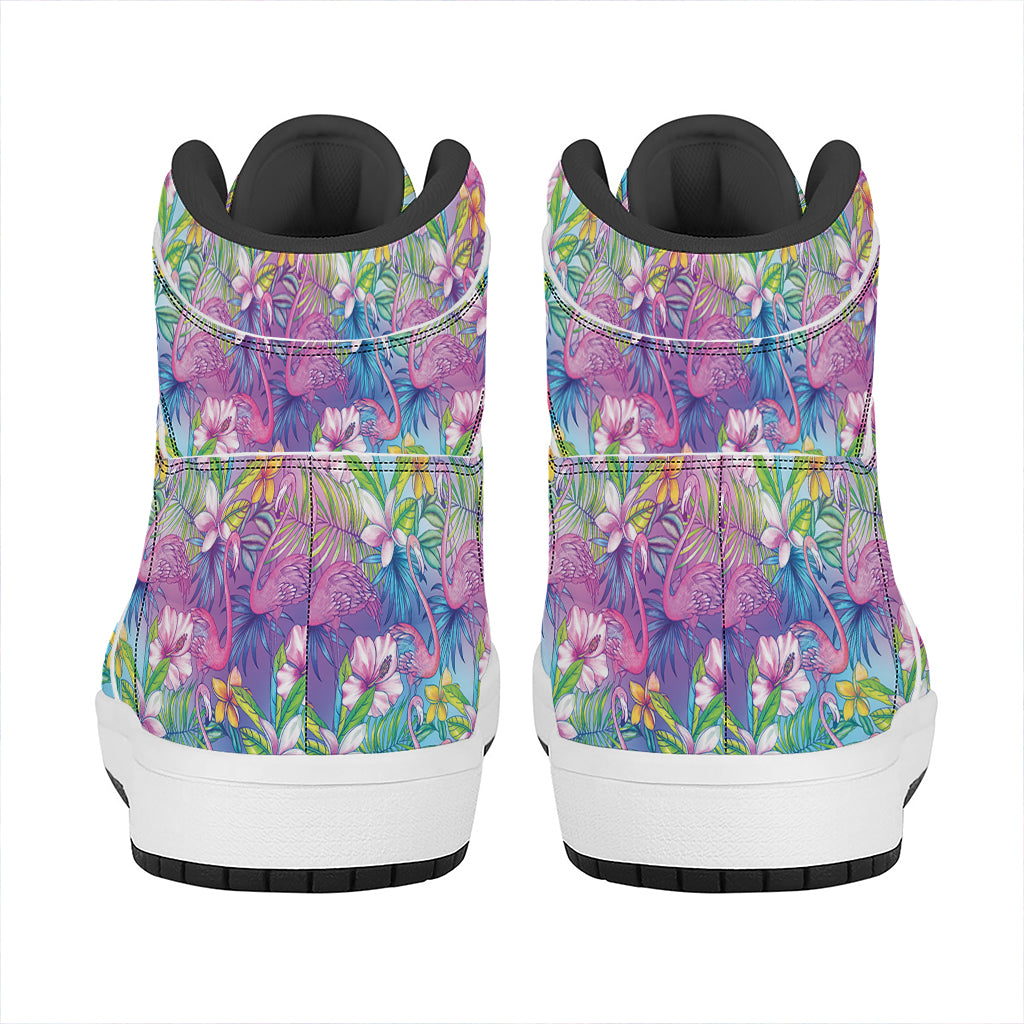 Colorful Tropical Flamingo Print High Top Leather Sneakers
