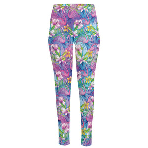 Colorful Tropical Flamingo Print High-Waisted Pocket Leggings