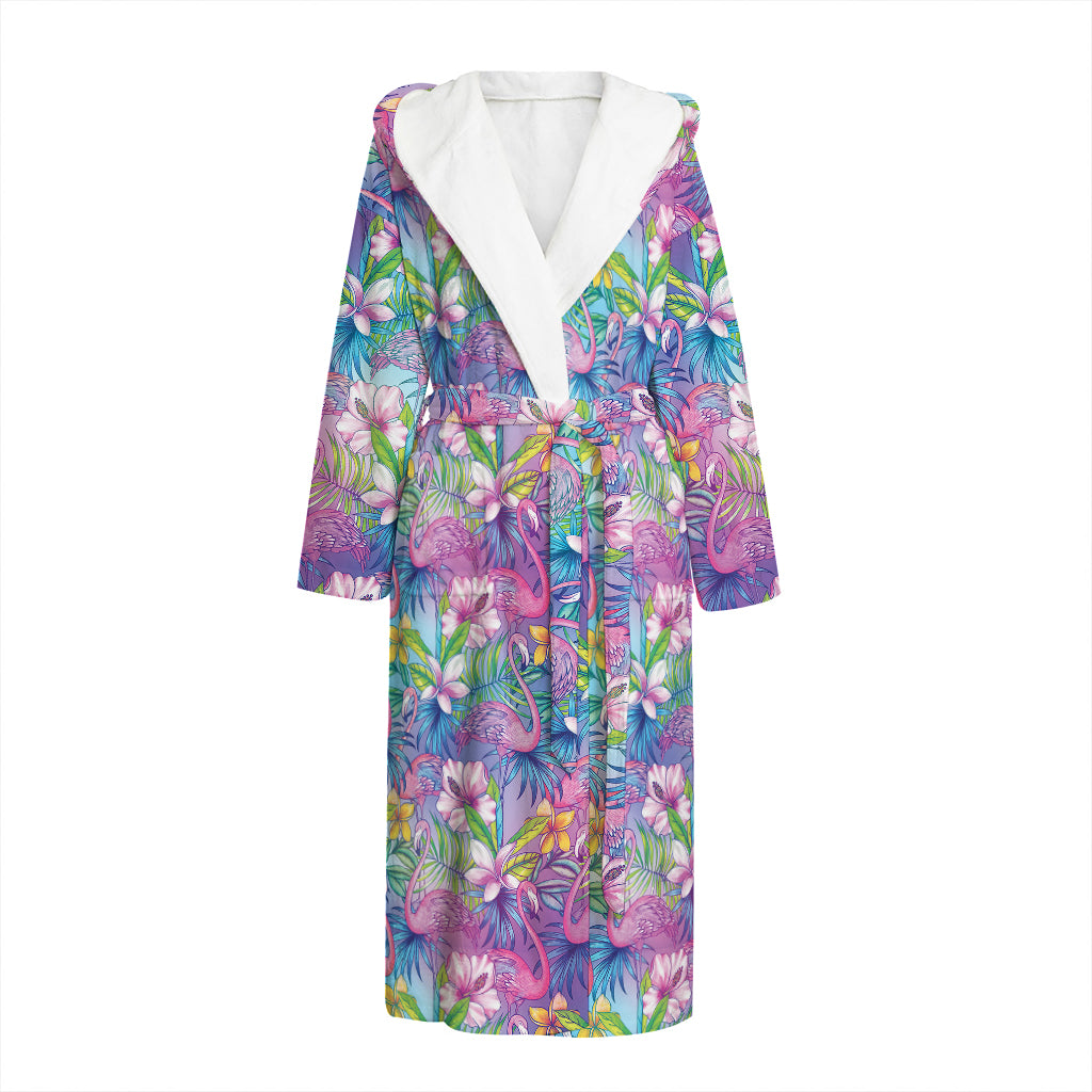 Colorful Tropical Flamingo Print Hooded Bathrobe