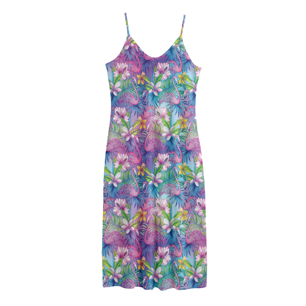 Colorful Tropical Flamingo Print Jersey Midi Cami Dress