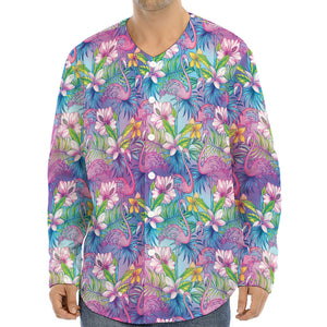 Colorful Tropical Flamingo Print Long Sleeve Baseball Jersey