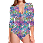 Colorful Tropical Flamingo Print Long Sleeve Swimsuit